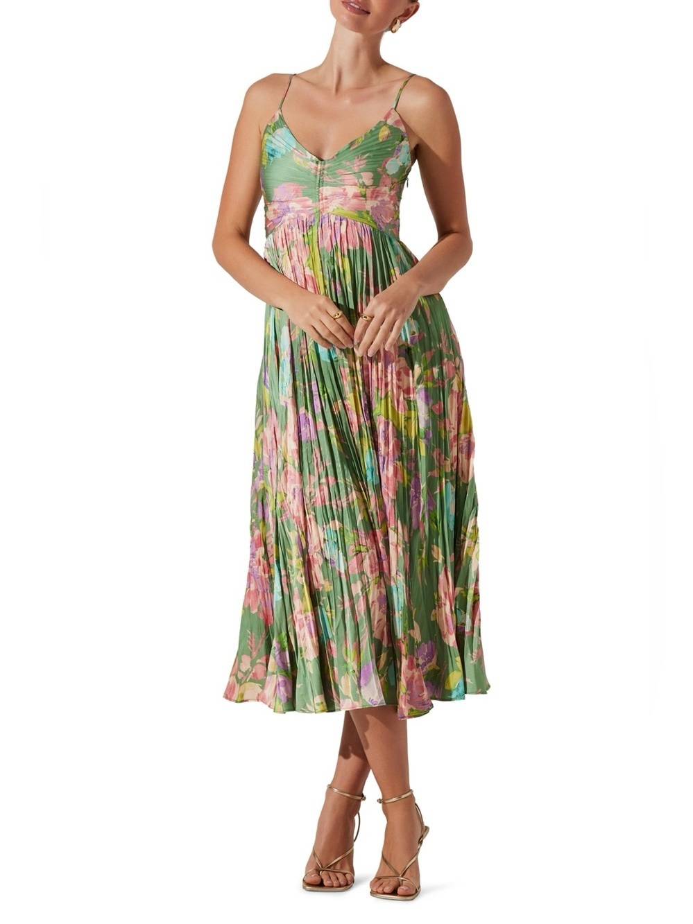new Astr the Label Maeve pleated satin v neck midi dress in green pink floral